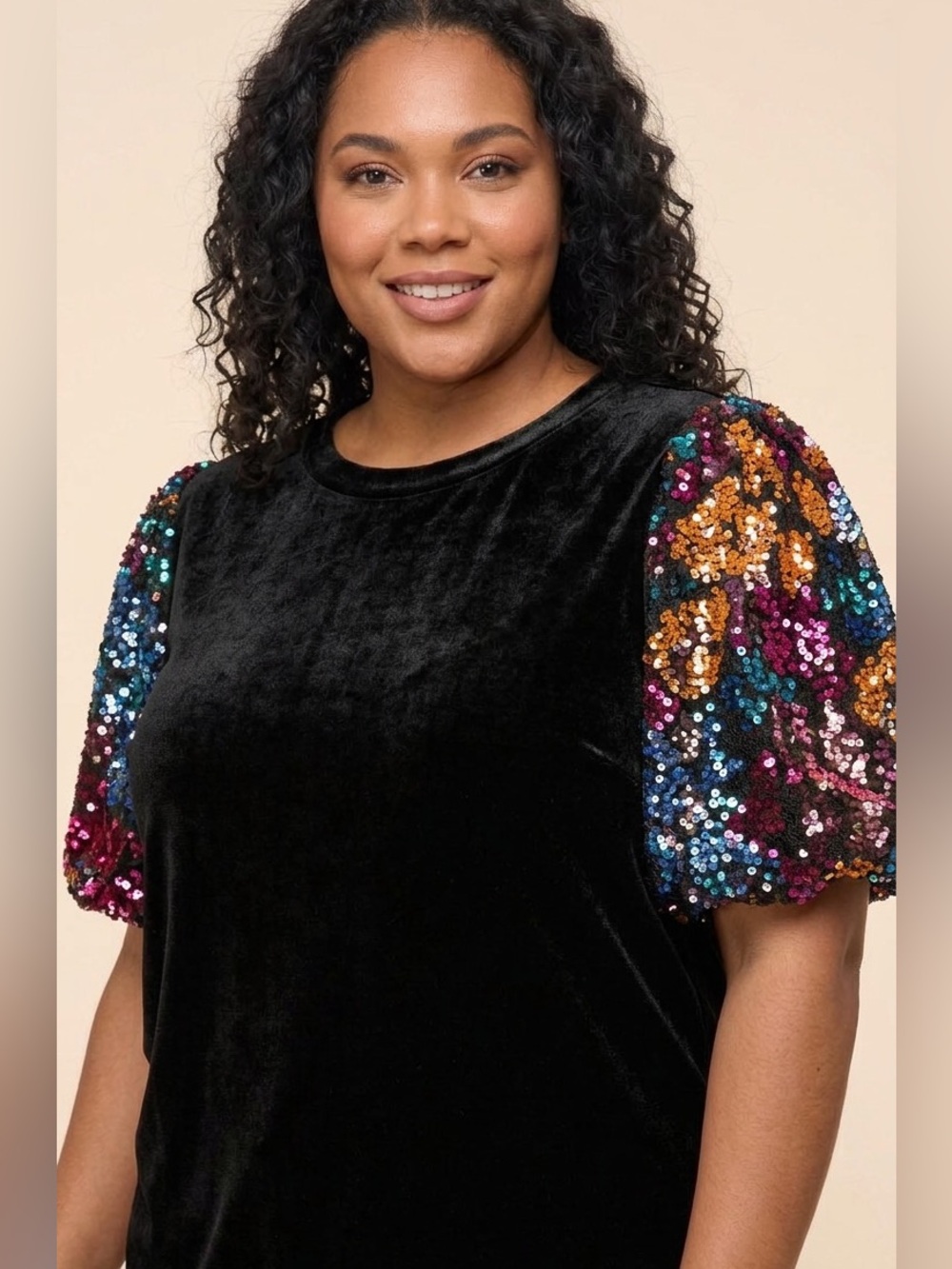 Haptics Black Velvet Sequin Puff Sleeve Top